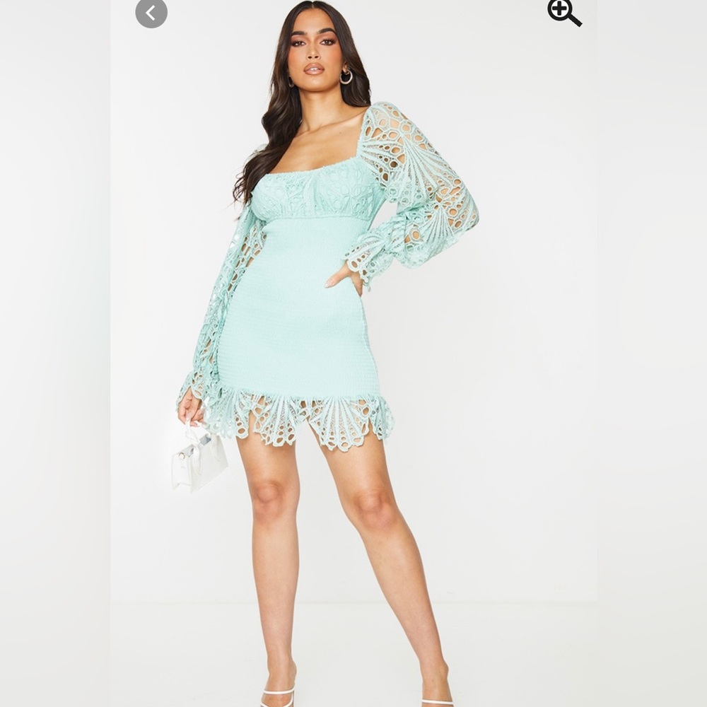 Sage Green Lace Sleeve Shirred Bodycon Dress - Size 8